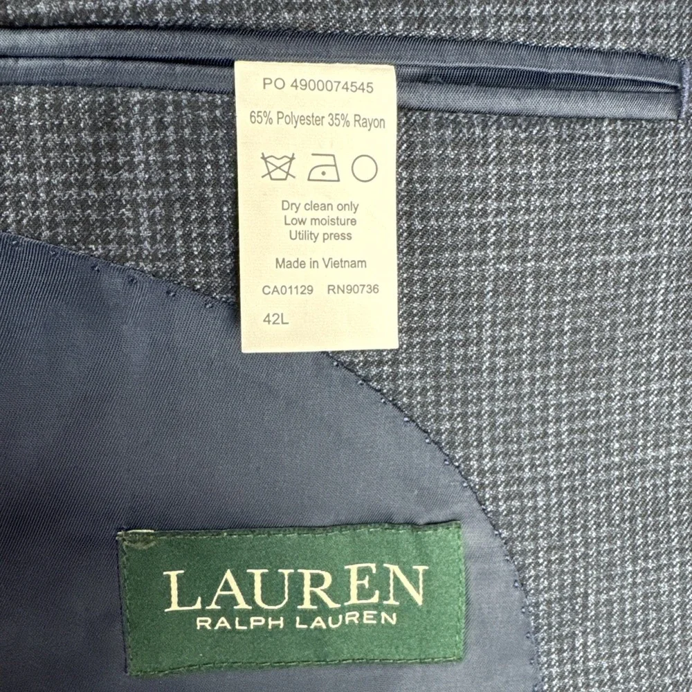 Lauren Ralph Lauren Mens Navy Blue Houndstooth Sport Coat 42L Blazer Office